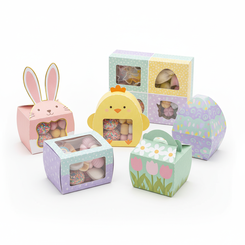 Grupo de caixinhas mini confeiteiro temáticas de Páscoa montadas em foto de catálogo profissional