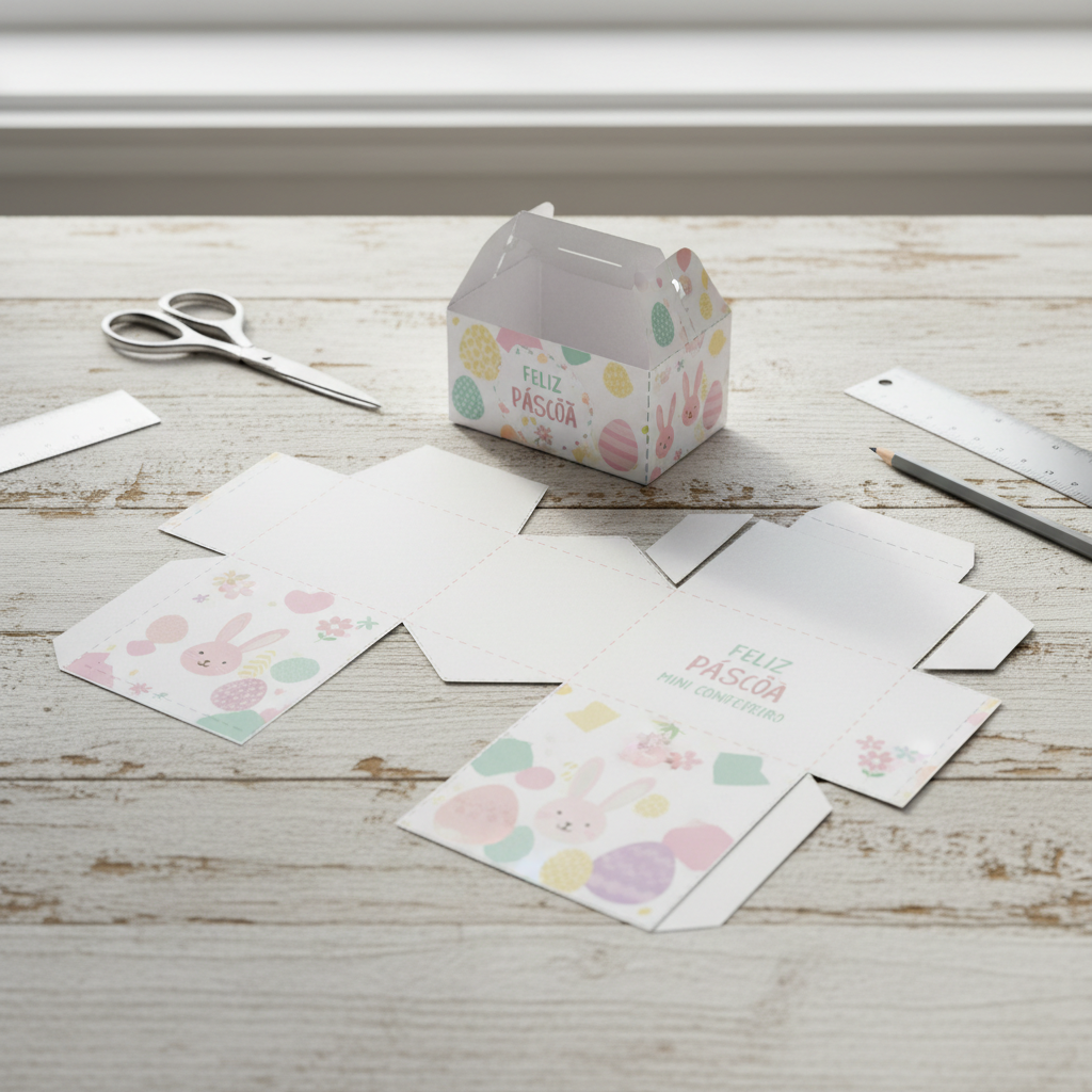 Template desmontado da caixinha mini confeiteiro de Páscoa em flat lay sobre mesa de madeira